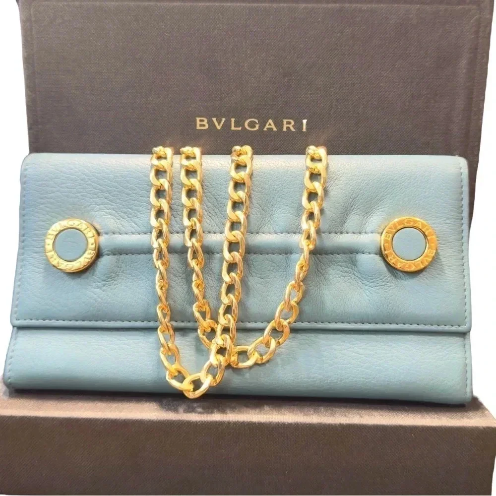 Rare Bvlgari Double Logo Blue Leather Flap Trifold Long Wallet